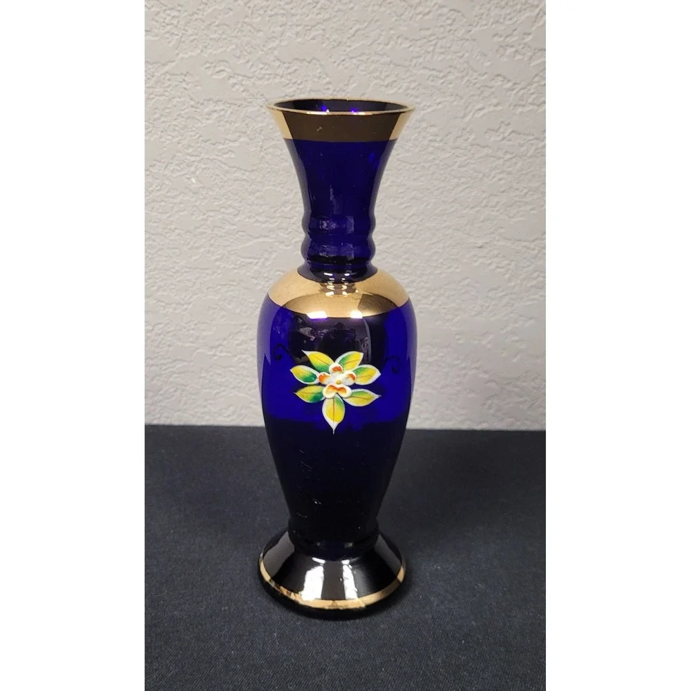 VTG 1960S Norleans Japan Cobalt Blue Art Glass Vase Gold Gilt Raised Floral 8